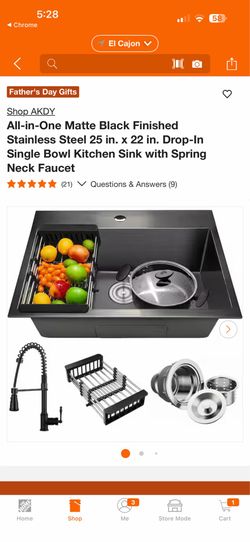 Shop AKDY All-in-One Matte Black Finished Stainless Steel 25 in. x 22 in. Drop-In Single Bowl Kitchen Sink with Spring Neck Faucet