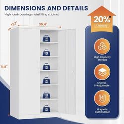 Metal Storage Cabinet with Locking Doors and 5 Adjustable Shelves,- 72" Garage Storage White Steel Lockable File Cabinet for Office,Home,Garage