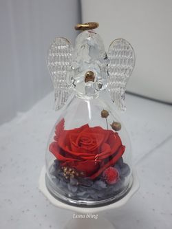 Glass Angel Dome with Preserved Red Rose
