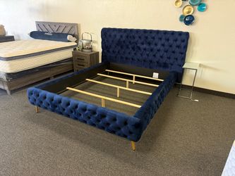 Navy Blue Velvet Tufted Upholstered Bed Frame