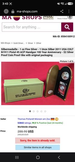 COLT Anniversary  1911-2011 .45 ACP SILVER Coin