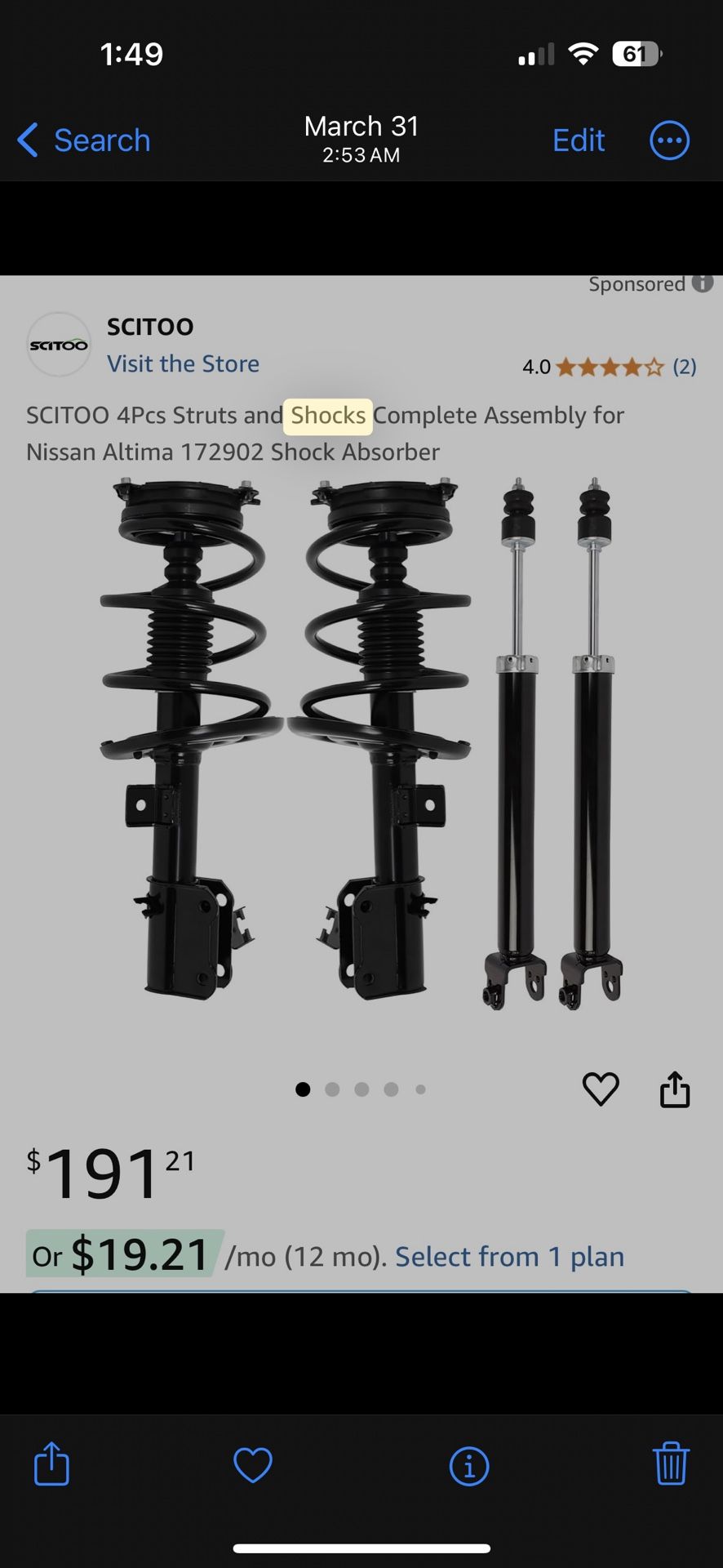 New~ Struts and Shocks Complete Assembly for Nissan Altima 172902 Shock Absorber