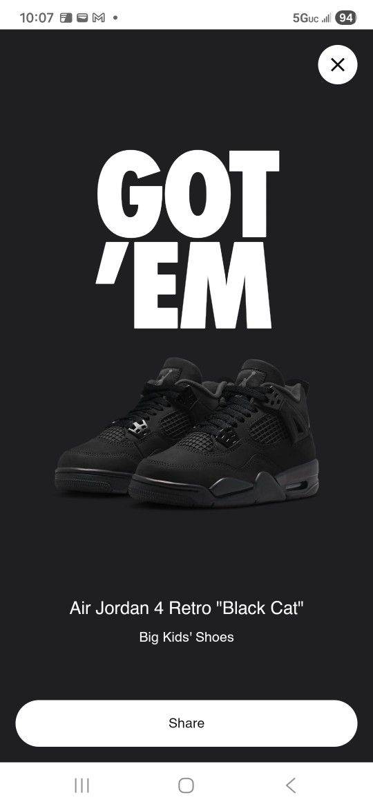 Jordan 4 Black Cat Size 6