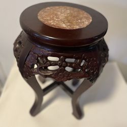 Asian Inspired Marble Top Ornately Carved Wood Plant Stand 