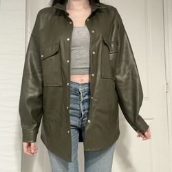 12th Tribe Olive Green Faux Leather Button-Down Jacket
