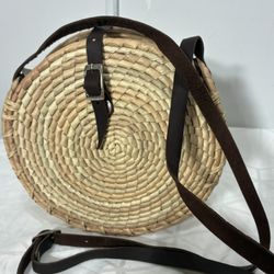 Round  Wicker Straw Rattan Boho brown Crossbody Bag    