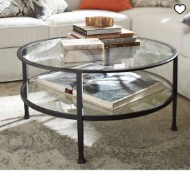 Pottery Barn Tanner 36in Round Coffee Table Black Iron w/Glass Top