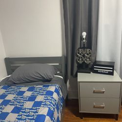 Twin Bed And Grey Night Stand 