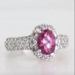 18k White Gold /Natural Diamonds /natural Pink Tourmaline Ring