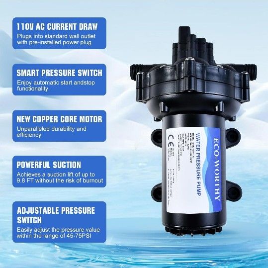 ECO-WORTHY 55-Series 110V Water Pump Portable 6.5 GPM 70PSI High Pressure 110V Volt AC RV Fresh Water Pressure Transfer Pump On Demand for Sprayer Irr