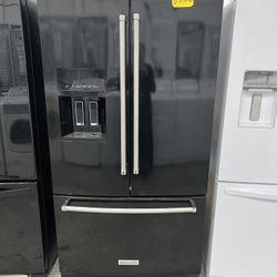 Kitchen Aid 36” Wide French Door Black Stainless Steel Refrigerator In Great Condition 