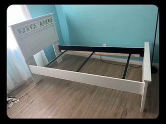 White Wood Bed Frame with Decorative Headboard