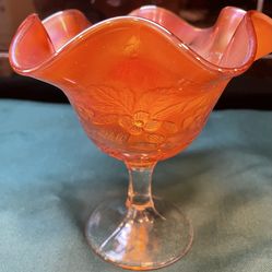Vintage and beautiful! Fenton iridescent orange carnival glass compote