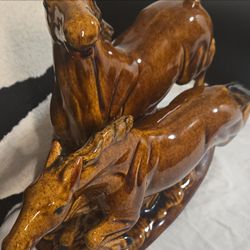 Vintage Made in Mexico Brown Glazed Ceramic Horse Family Figurine Sculpture
