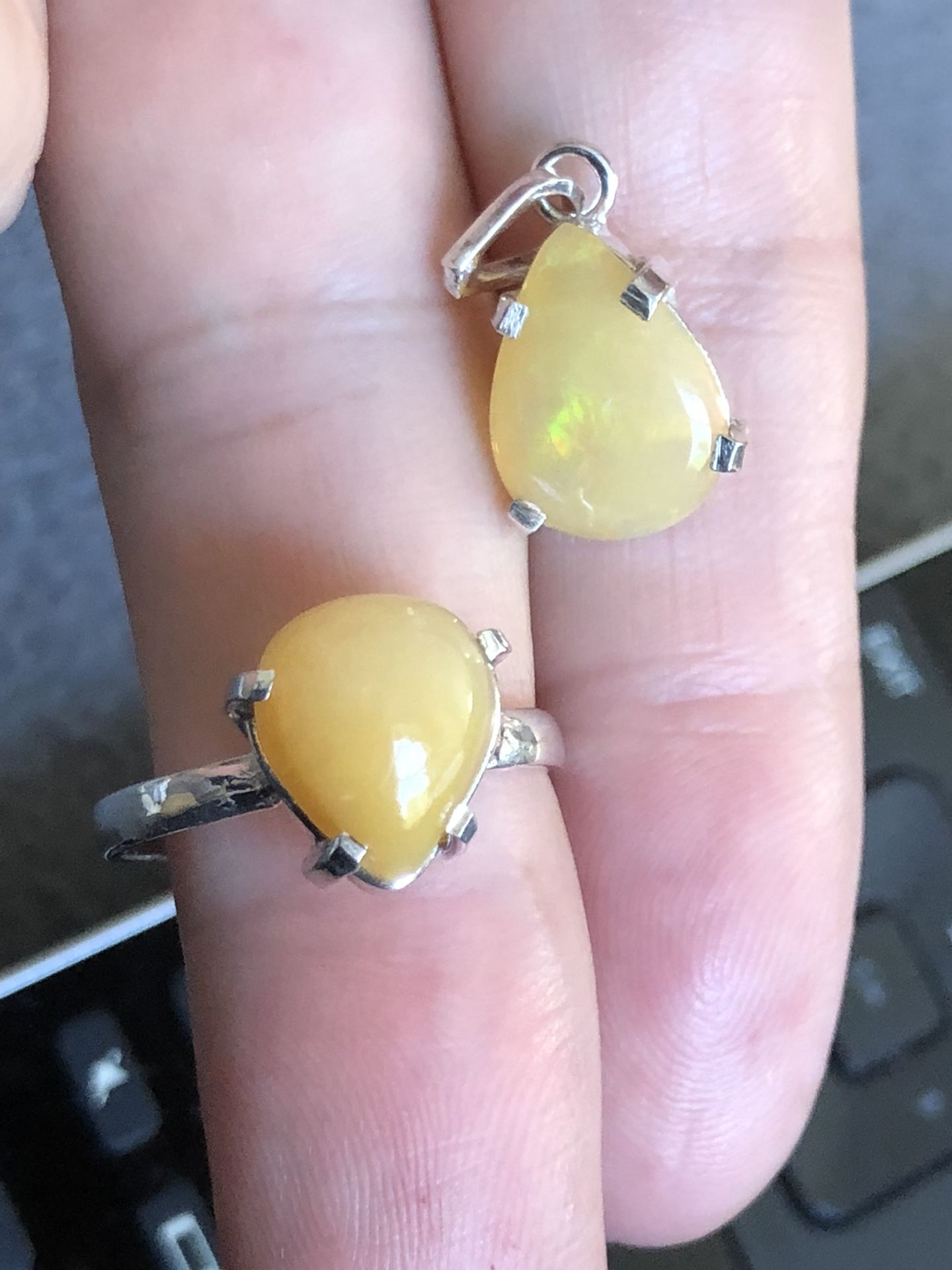 Set Of Tear Drop Shape Fire Opal hand Made Silver Ring size 8 And Pendant . New Never Been Used . Please Look At My Profile To See All Items Thanks