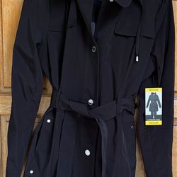 London Fog Womens Black Trench Coat Hooded Belted Mid Length Jacket M NWT