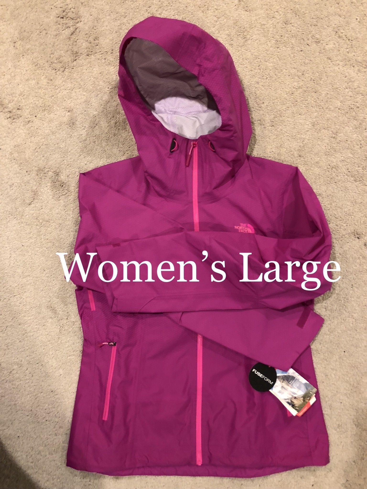 NORTH FACE / Fuseform Dot Matrix Rain Coat Jacket w/ Hood / Women’s Large (L) / Retails $200 +Tax / Brand New w/ Tags!! / Pink & Fuchsia