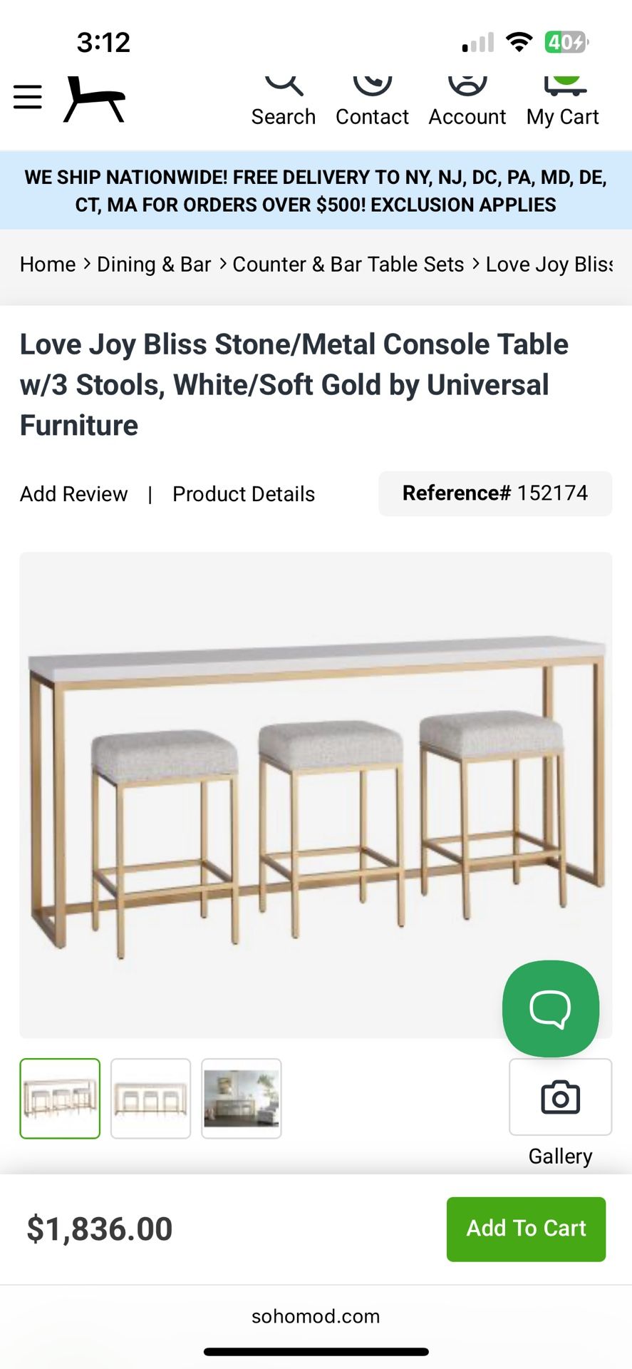 Console Table W/ 3 Stools - White Washed Wood - NEW