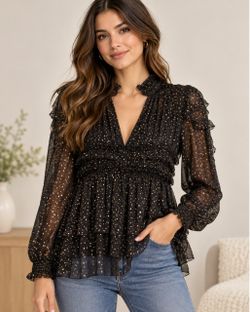 Black Gold Speckle Ruffle Chiffon Blouse