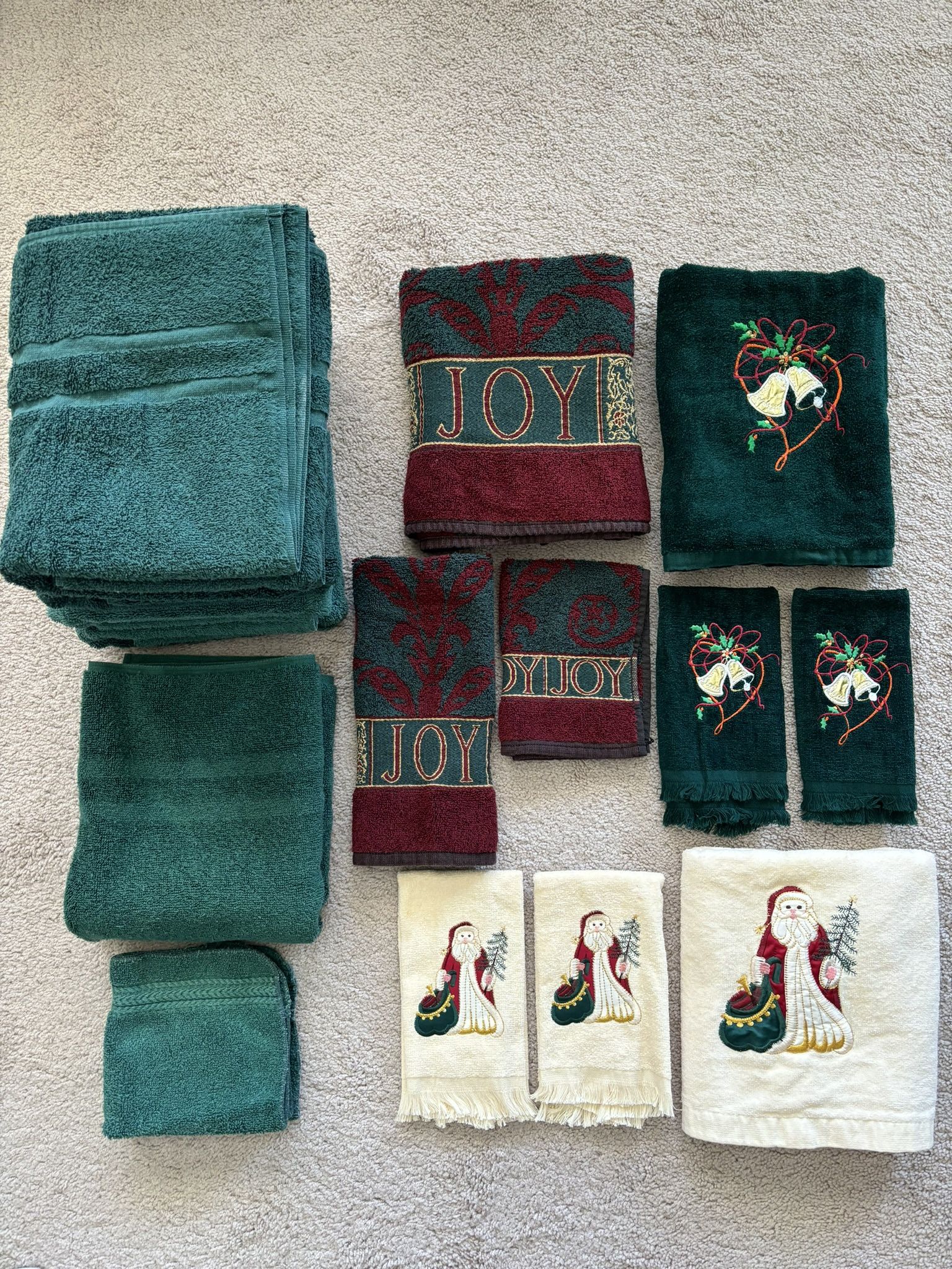 Holiday Towel Set, lot of 16 pieces, embroidered and pattern.  3 Santa hand towels, 1 large, 2 regular.  3 Jingle Bells hand towels, 1 large, 2 regula