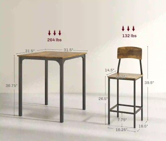 HOMCOM 3 Piece Pub Table and Chairs, Small Kitchen Table and Chairs, Square Dining Table with 2 Stools, Rustic Brown and Black
