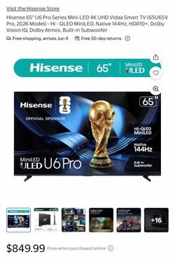 Hisense 65” U6 Pro Mini-LED 4K Smart TV (2026 Model)