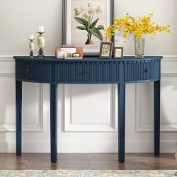 Distinctive Features of Pine Veneer Console Table with Vertical Stripe Drawer Fronts and Four Legs