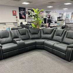Black Leather Sofa Sectional w/ 3 Manual Recliners  🇺🇸Memorial Day Sale🇺🇸