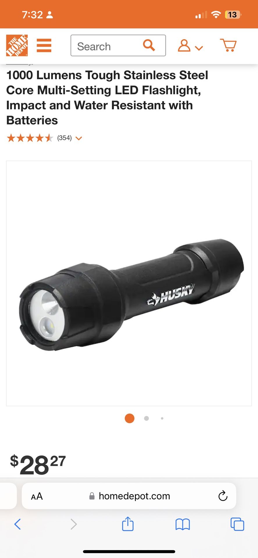 Husky 1000 Lumens Tough Stainless Steel Core Multi-Setting LED Flashlight, Impact and Water Resistant with Batteries(
