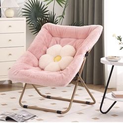 Dorm Chair, Comfy Bedroom Chairs, Oversized Folding Faux Fur Chair, Foldable Metal Frame Chair for Bedroom, Living Room, Balcony (Pink)