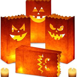 24-Pieces (4 Face Pattern) Halloween Pumpkin Candle Luminary Paper Lantern Bags For Halloween Party Decoration
