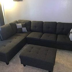 Charcoal Linen Sectional Couch And Ottoman