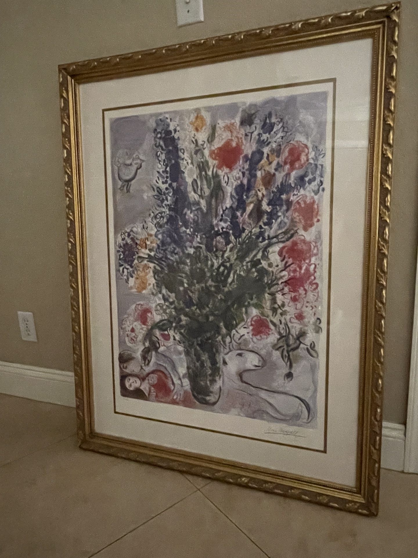 MARC CHAGALL Signed Lithograph With Certificate Of Authenticity Lovers & Pastoral Flowers
