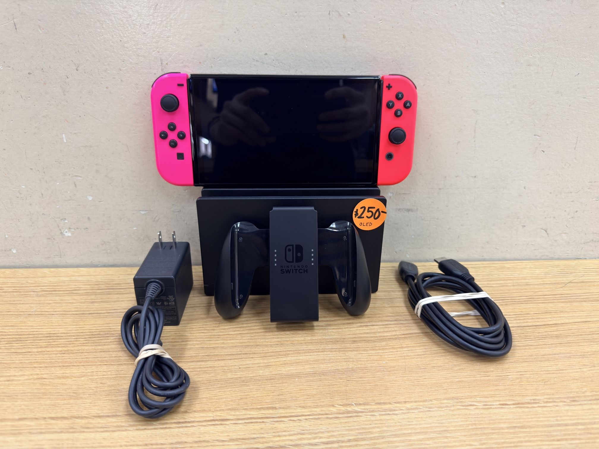 NINTENDO SWITCH OLED NEON RED/PINK JOY-CONS W/ALL ACCESSORIES