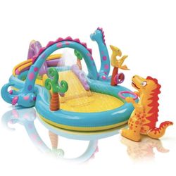 Intex 11ft x 7.5ft x 44in Dinoland Backyard Play Center Kiddie Inflatable Swimming Pool with Slide, Dino Arch Water Sprayer and Games for Ages 2 and U