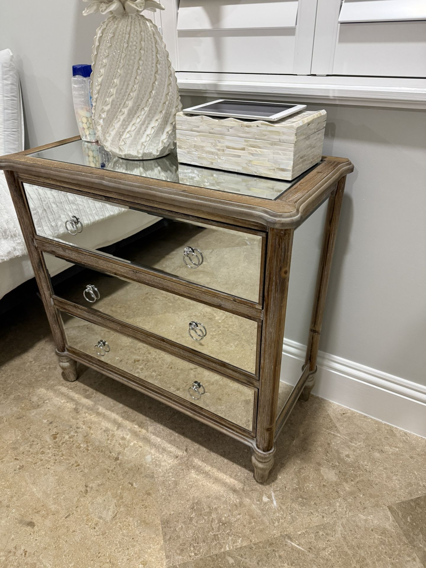 3 Drawer Mirror And Wood Nightstands