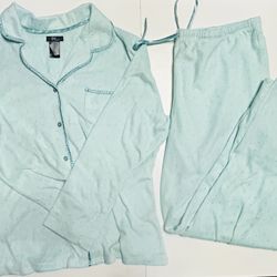 Woman Teal Polka-Dot Button-Front Pajamas Set Size L #A0012