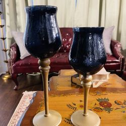 Rare Navy And Antique Gold Candle Holder Set