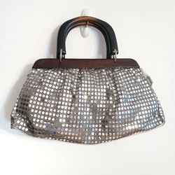 Vintage style silver sequined metallic handbag satchel bag with wood handles