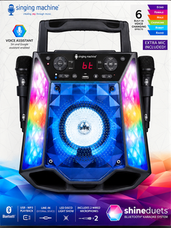 Singing Machine Shine Duets SML2250 Bluetooth Karaoke System – 2 Mics + LED Lights + Voice Effects