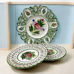Vintage Portuguese Hand Painted Pierced Plates Floral Green Rim Set of 3