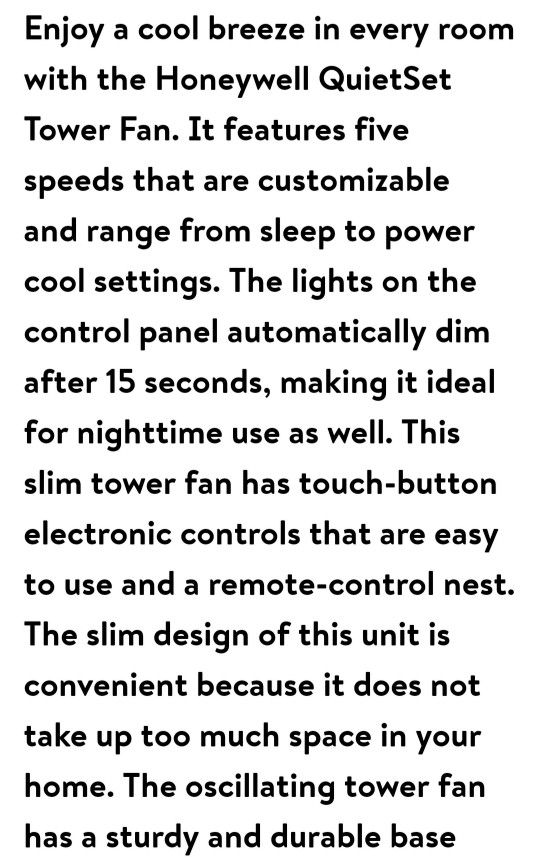 Fan"5 Speed Oscillating" Honeywell Quiet Set Tower