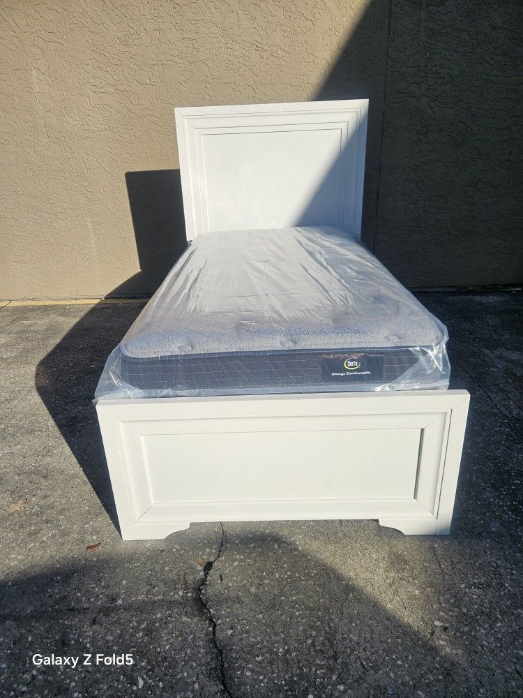 White Twin Size Solid Wood Bed Frame With Brand New Twin Size Plush Memory Foam Mattress And Box Spring In Plastic 