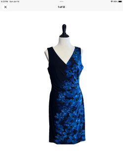 Lauren Ralph Lauren Sleeveless Ruched Dress Size 10 Blue Floral & Black Lined