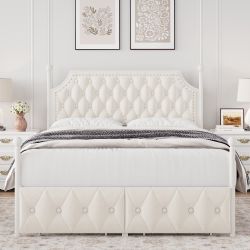 Full Size White Bed Frame with Adjustable Headboard, 4 Storage Drawers, Velvet Upholstered Bed Frame with Button Tufted