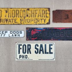 Vintage Lot of 5 Embossed Metal Signs Garage Mancave Signage Yard Art