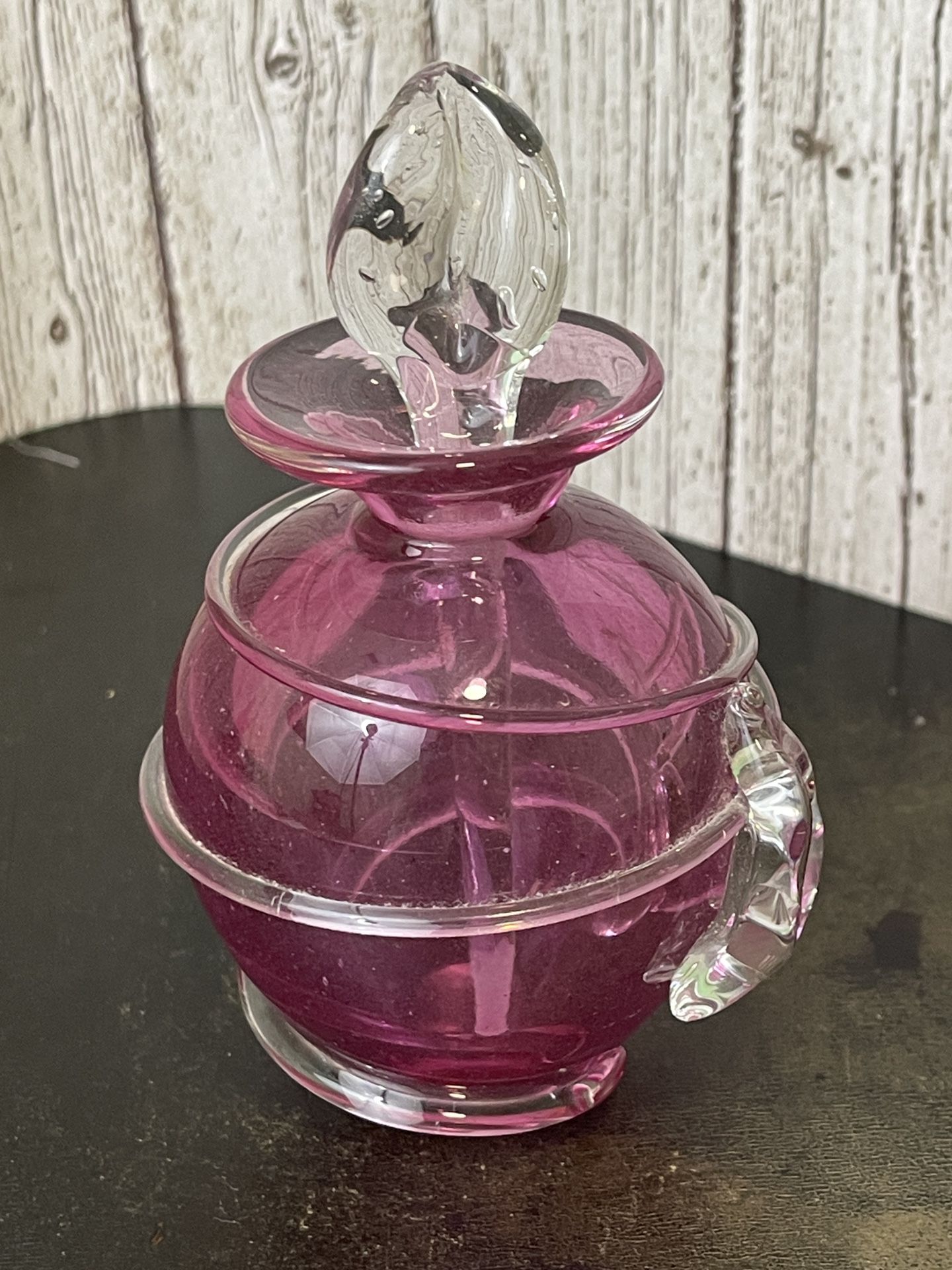 Vintage 1991 Italian Art Glass Clear Ribs Pink Perfume Bottle Clear Stopper