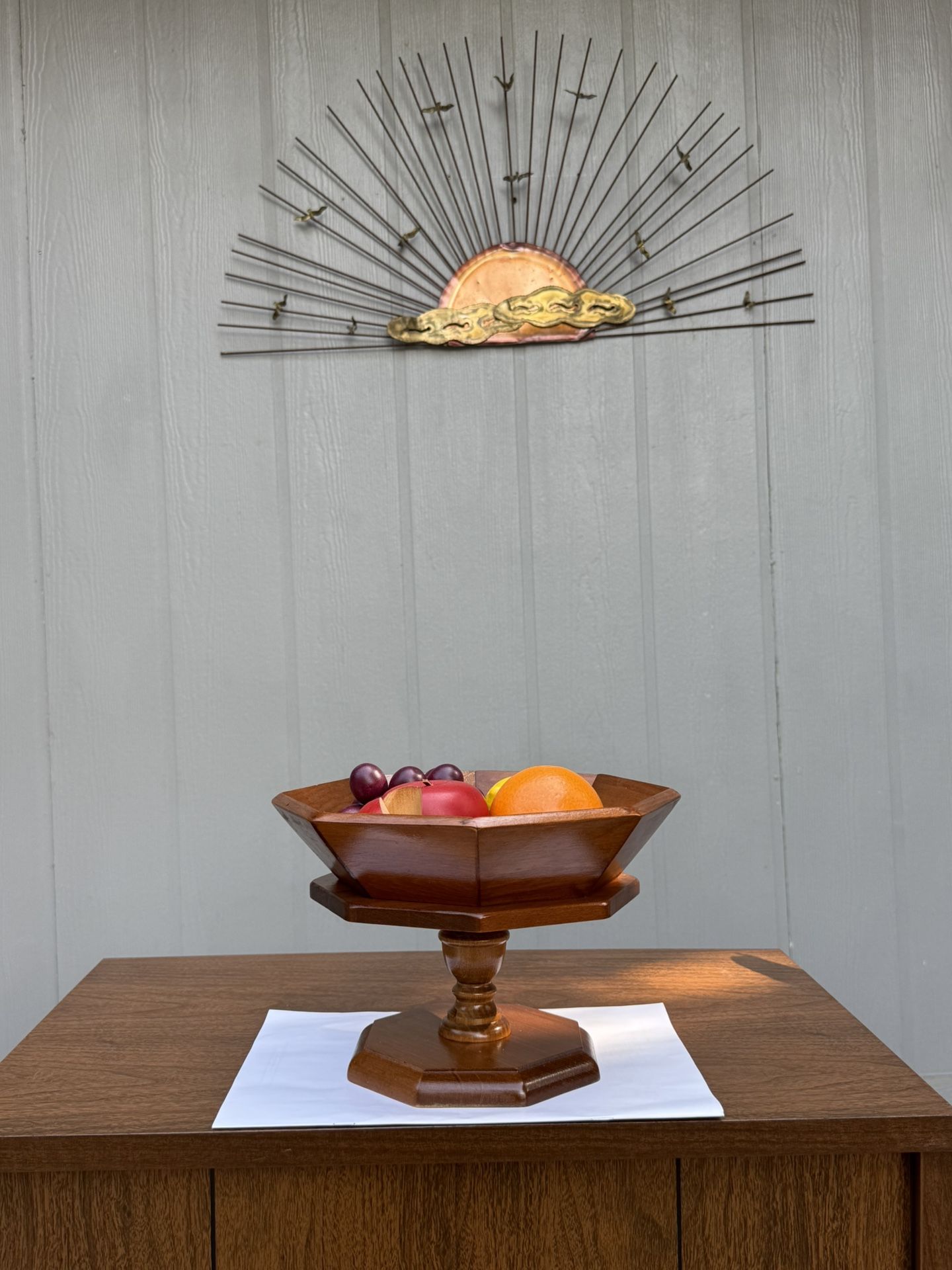 Vintage Octagonal Wooden Pedestal Fruit Bowl.