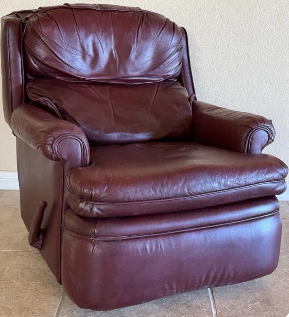 Burgundy Red Leather BarcaLounger Reclining Chair with Mechanical Footrest