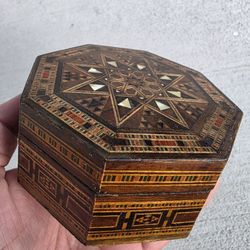 Vintage Octagon Wooden Inlaid Trinket Box 4” Handcrafted Middle Eastern Mosaic Inlay